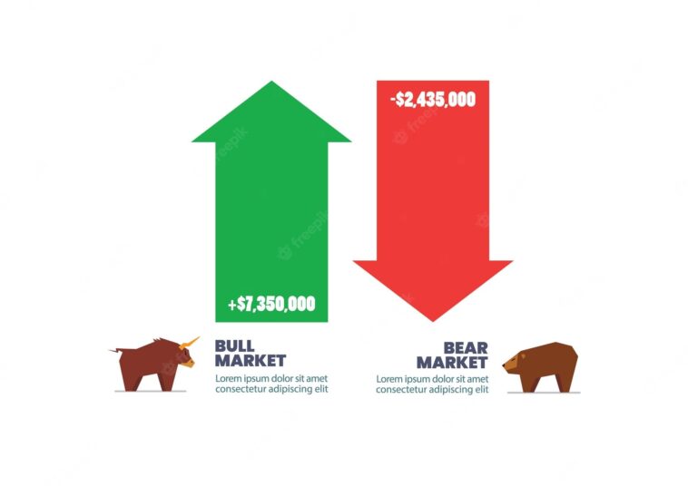 Green upward green arrow and red downward arrow bull and bear market