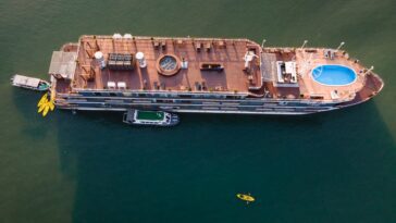 aerial shot of a cruise ship