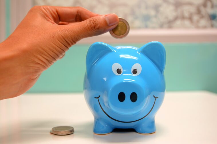 A hand inserting a coin into a Piggy box or Piggy bank